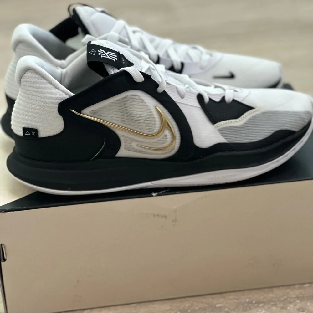 Nike Kyrie Low 5 Black and White Basketball Shoes with Gold Detail